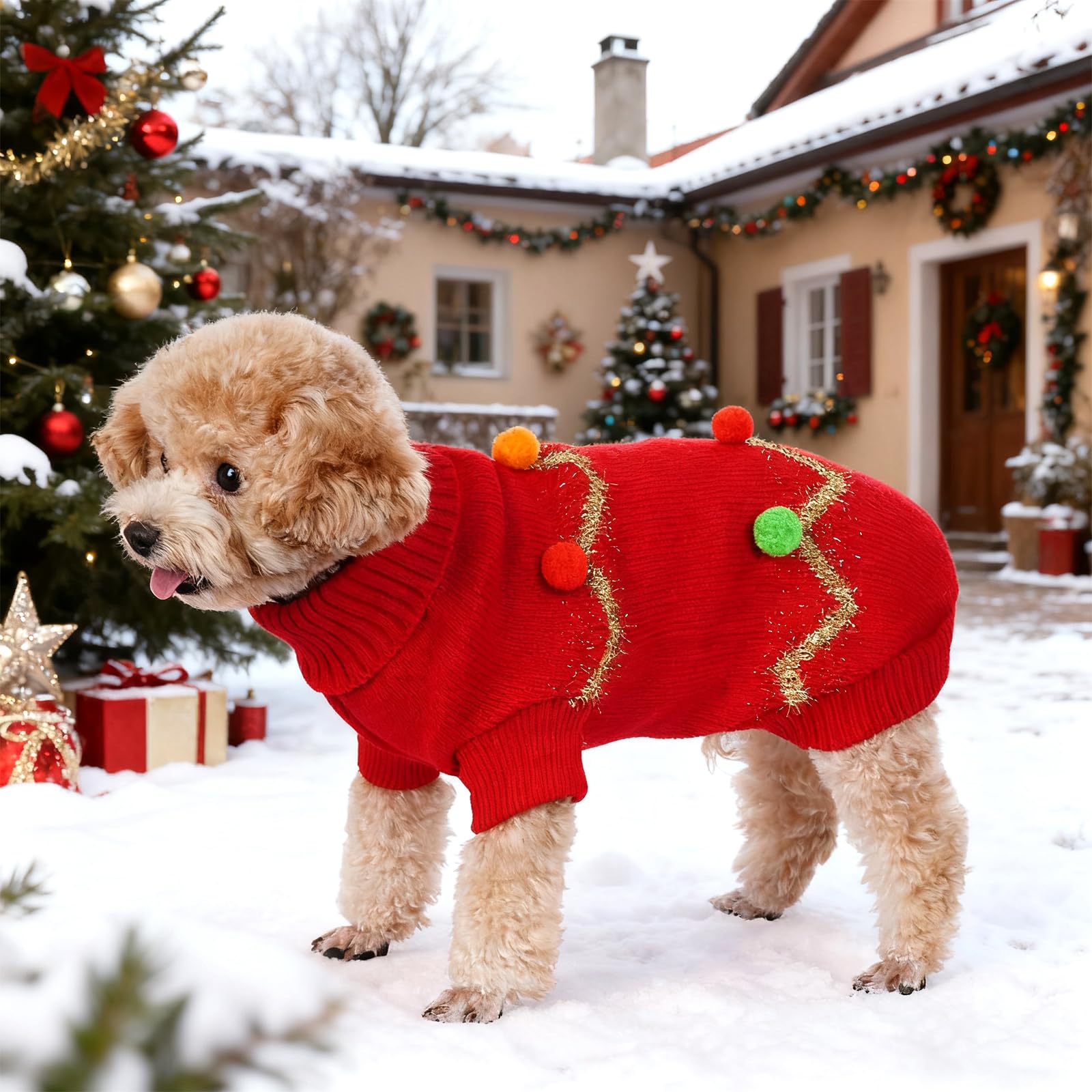Haakong dog Christmas sweater red worn during strolls for cozy daily wear