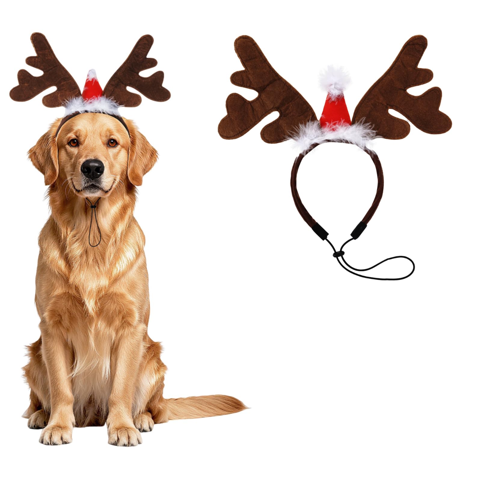 Haakong dog elk reindeer headband with Santa hat for cute holiday photos and lightweight wear.