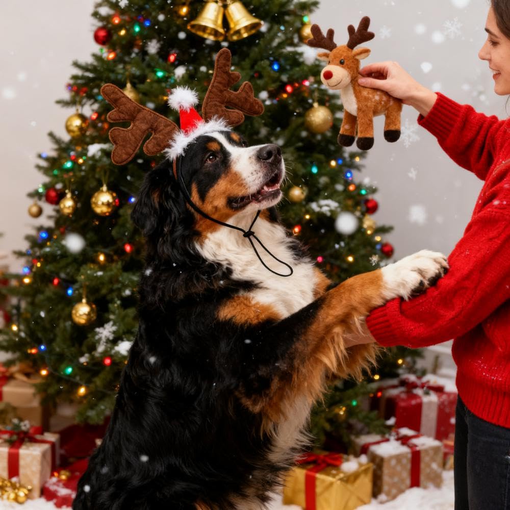Haakong reindeer headband ideal for Christmas photoshoots and memorable pet moments.