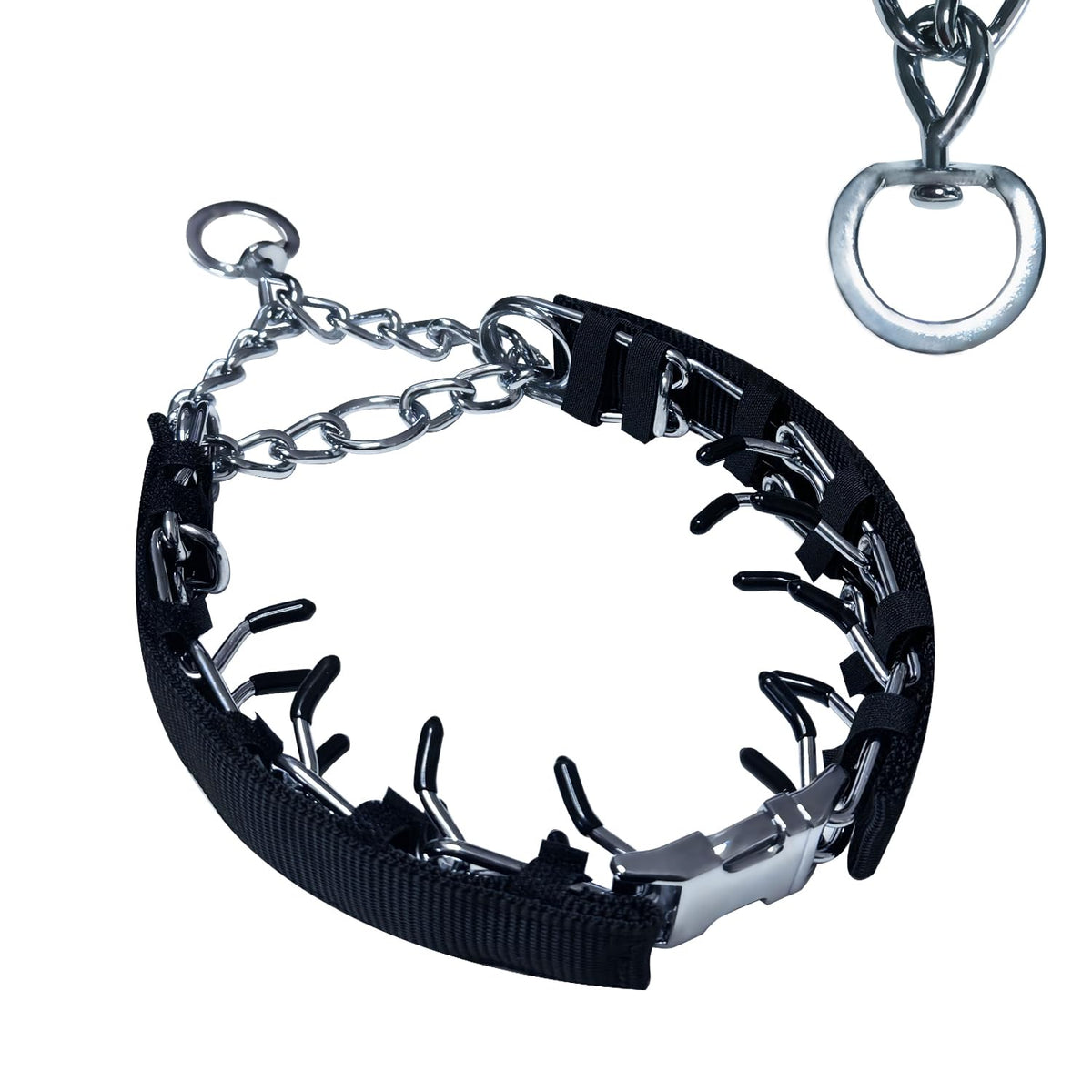 HAESINPA prong collar with quick-release buckle for easy on/off training sessions.