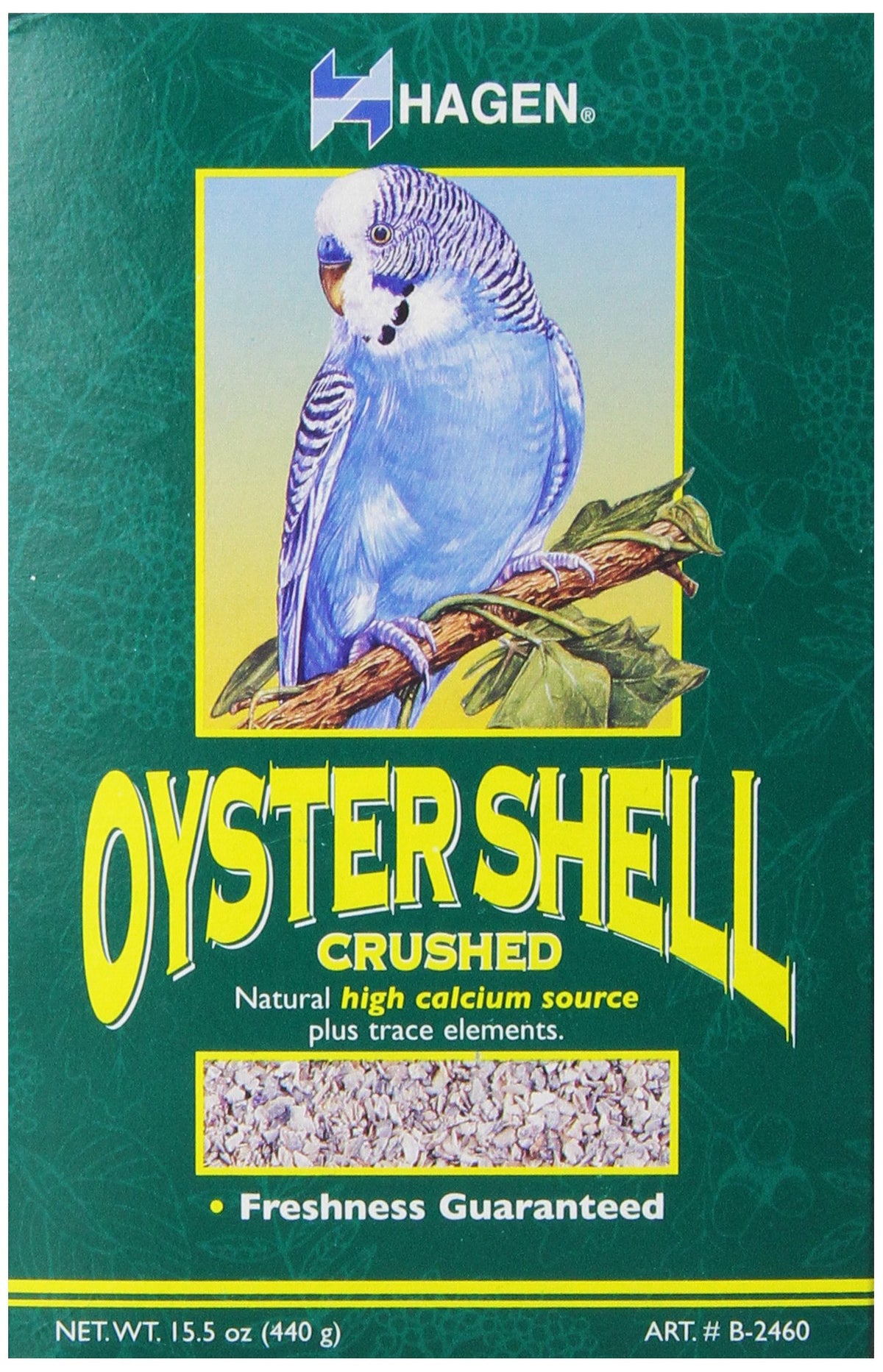 Hagen Oyster Shells bag closeup showing calcium-rich nutrition for birds.
