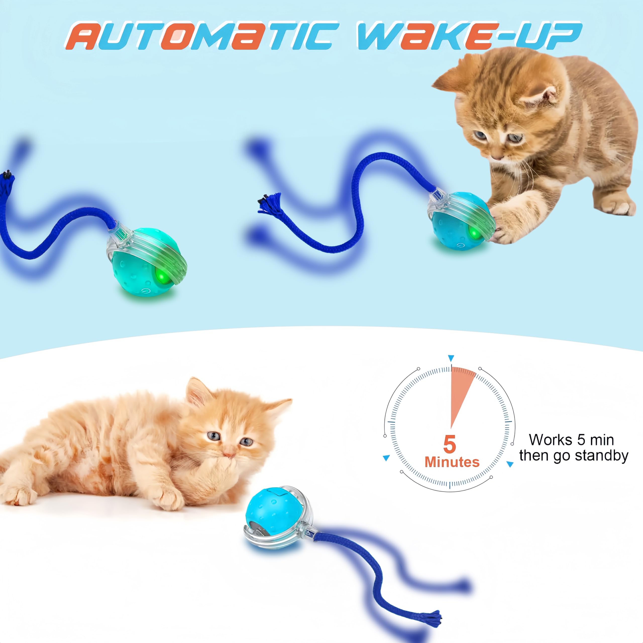 Hahbabya Interactive Cat Ball cyan active-mode enables vigorous play.