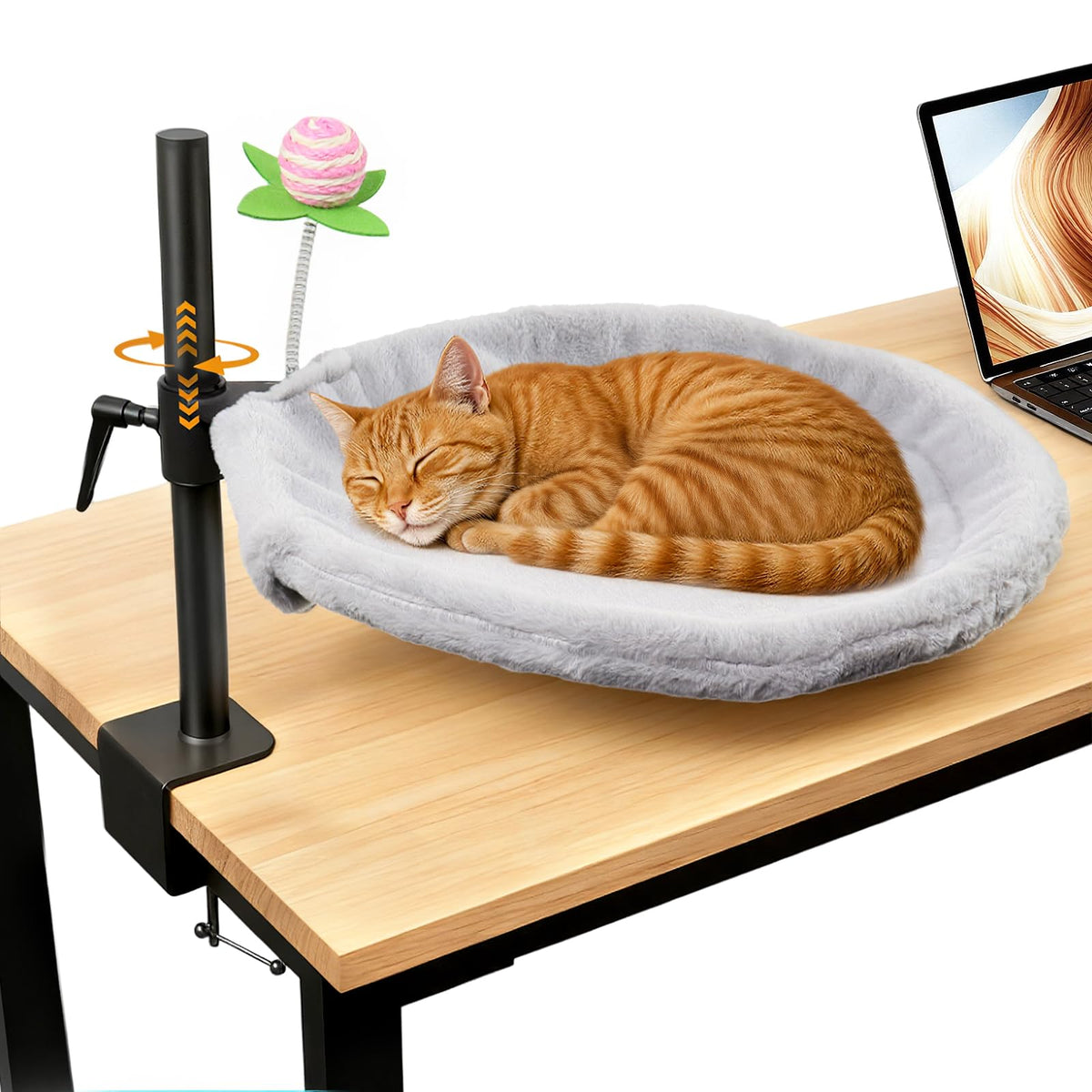 Haijunnm 16-Inch Cat Desk Bed rotating-base view shows versatile naps
