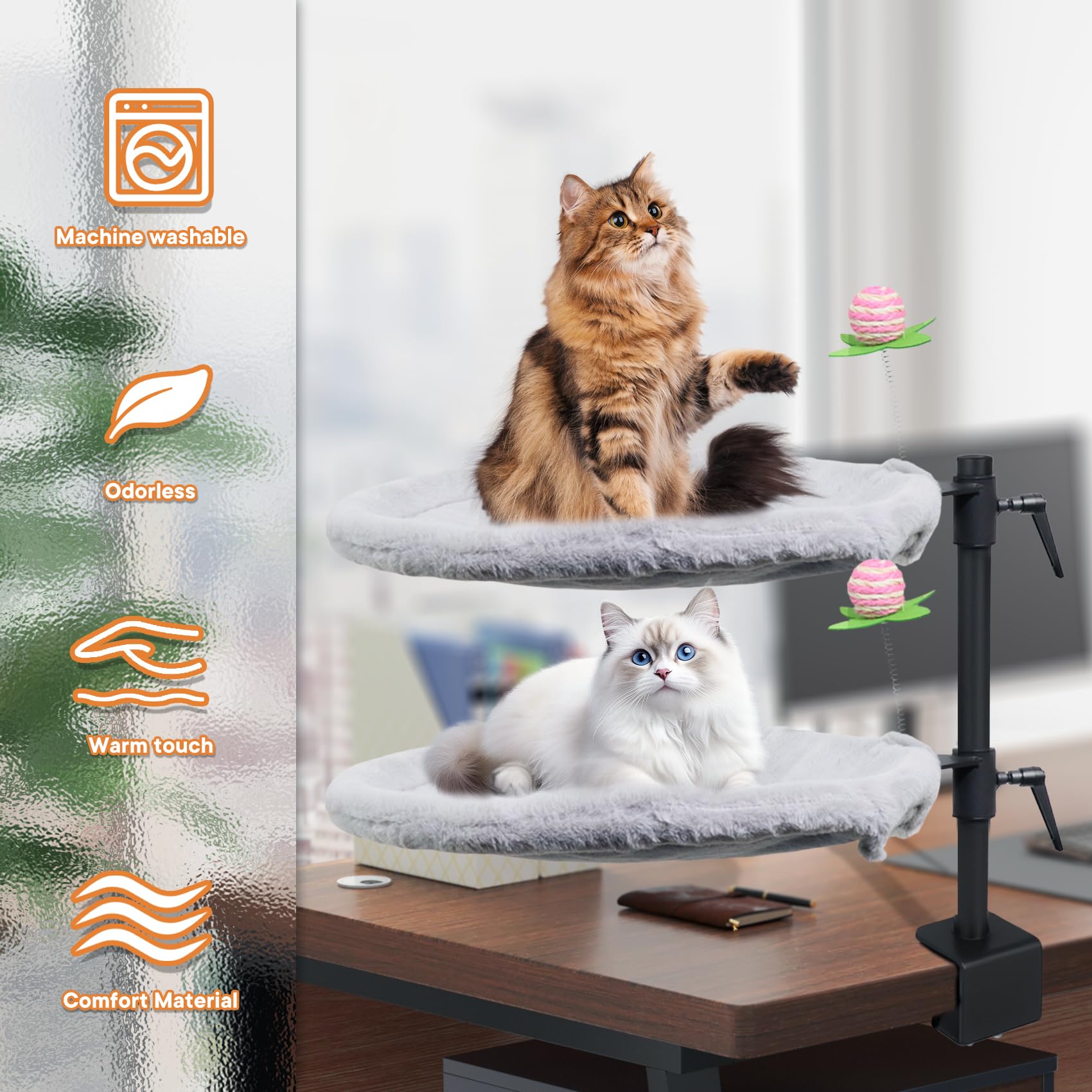 Haijunnm Double Cat Desk Bed includes two cat toys for interactive play sessions.