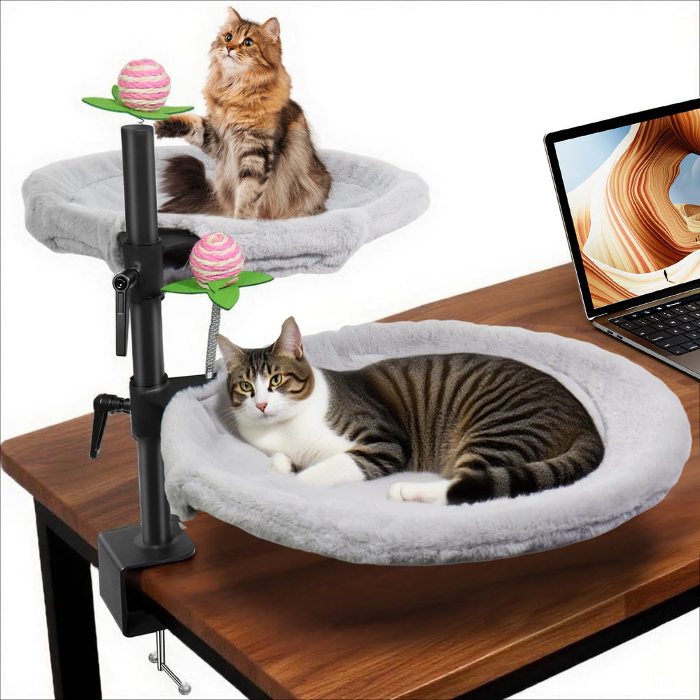 Haijunnm Double Cat Desk Bed shown with 360° rotation for flexible eye-level viewing.
