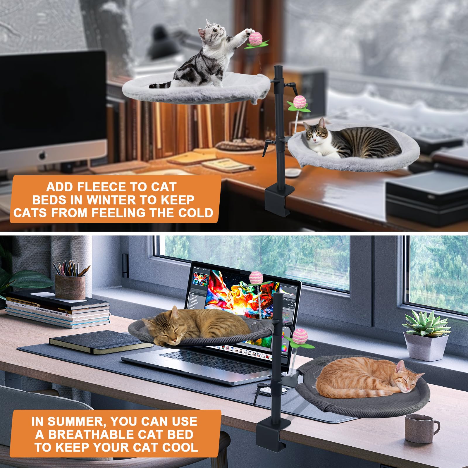 Haijunnm Double Cat Desk Bed features soft faux fur for cozy lounging near your screen.