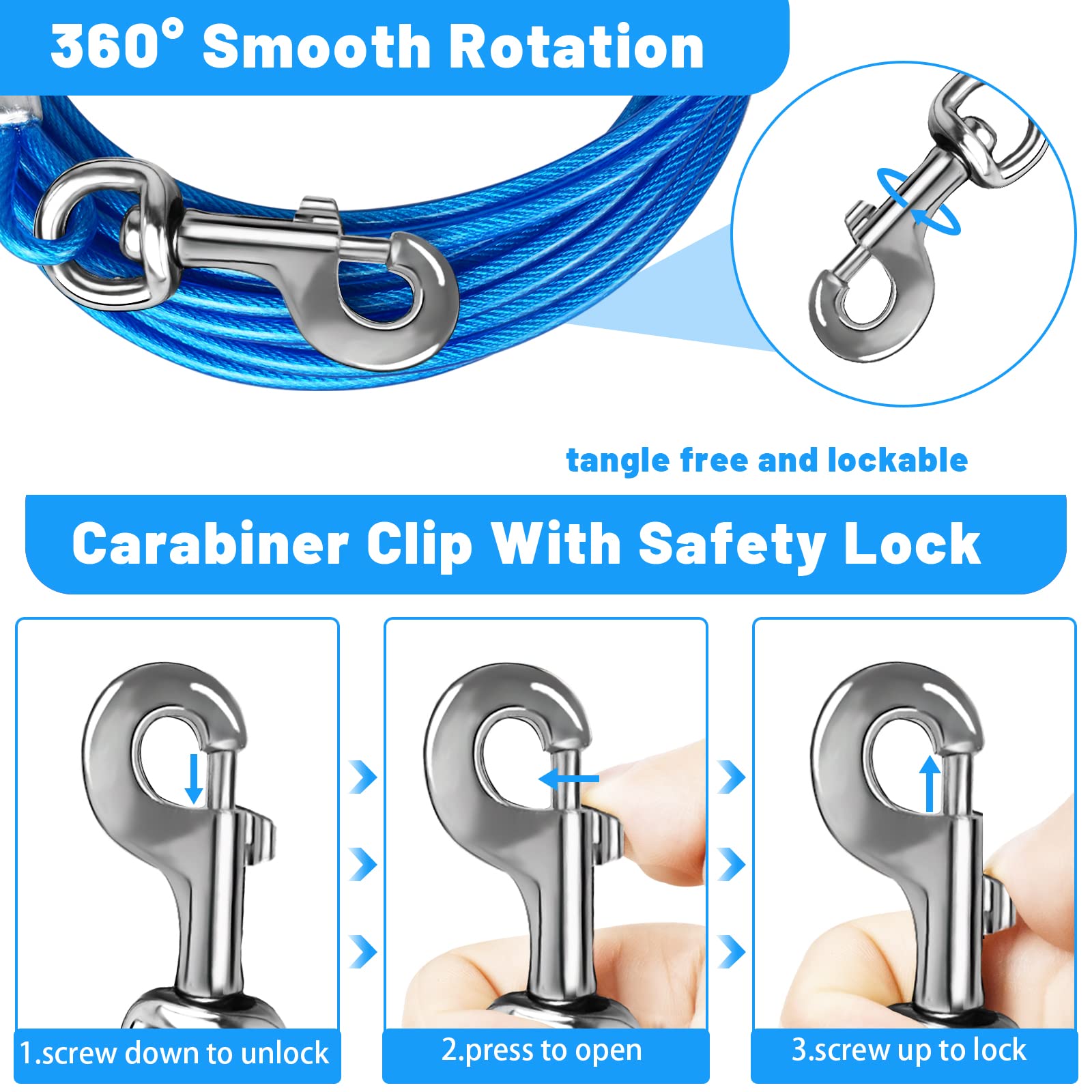 HaiYUAN dog tie out cable 15ft with 360-degree clip for tangle-free outdoor play.