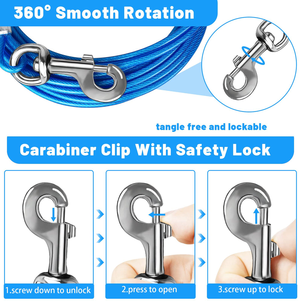 HaiYUAN dog tie out cable 15ft with 360-degree clip for tangle-free outdoor play.