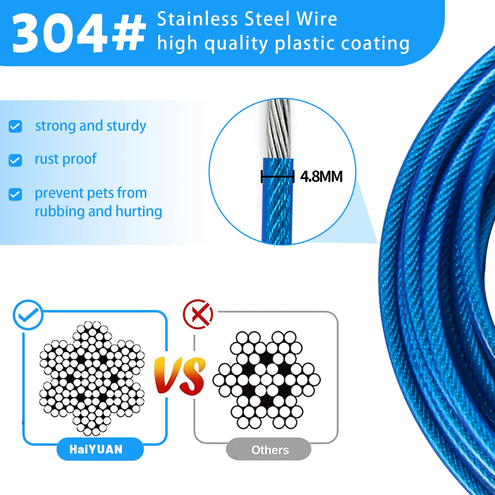 HaiYUAN dog tie out cable 20ft thickened rings for secure leash attachment.