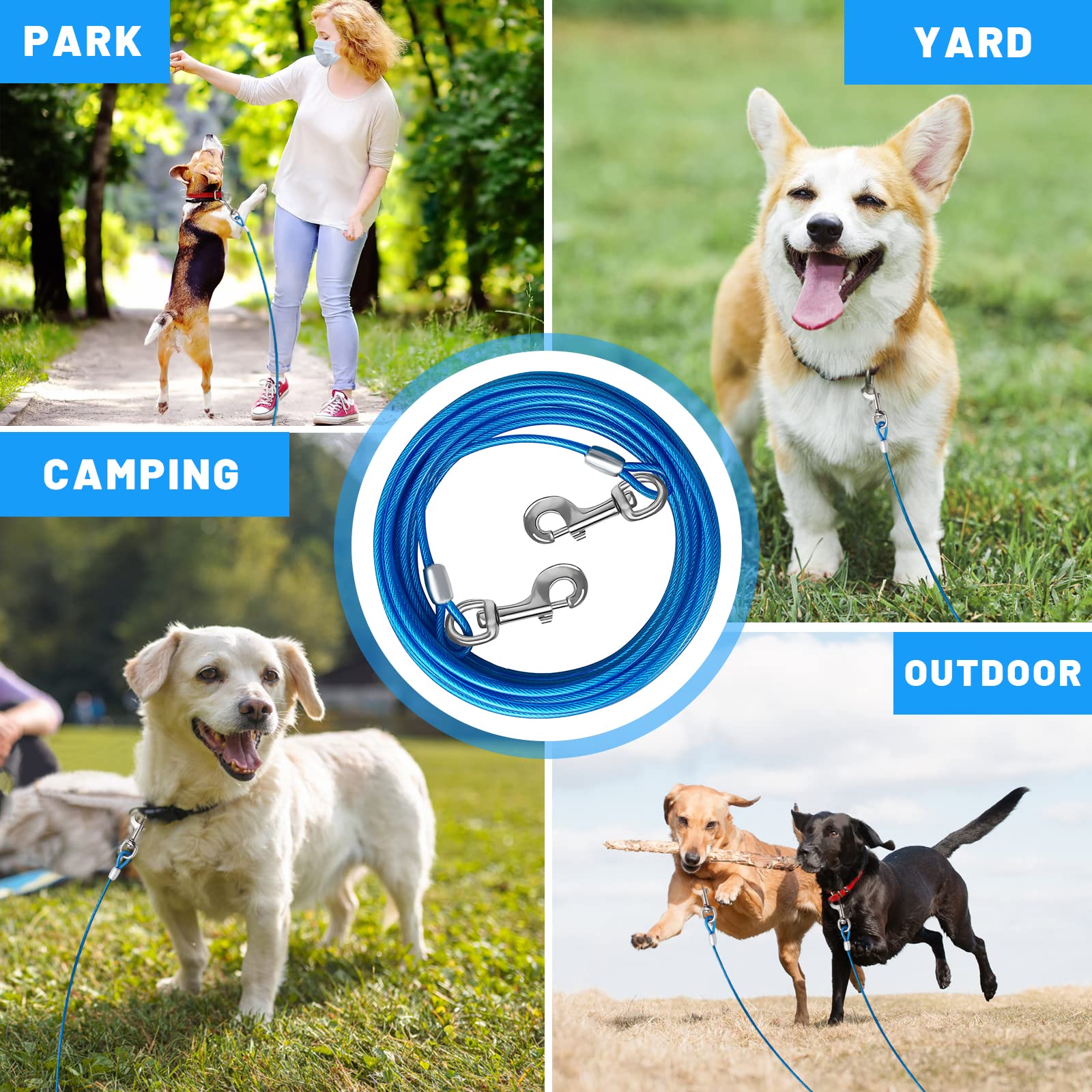 HaiYUAN dog tie out cable 360-degree clip for unrestricted movement and reduced tangling.