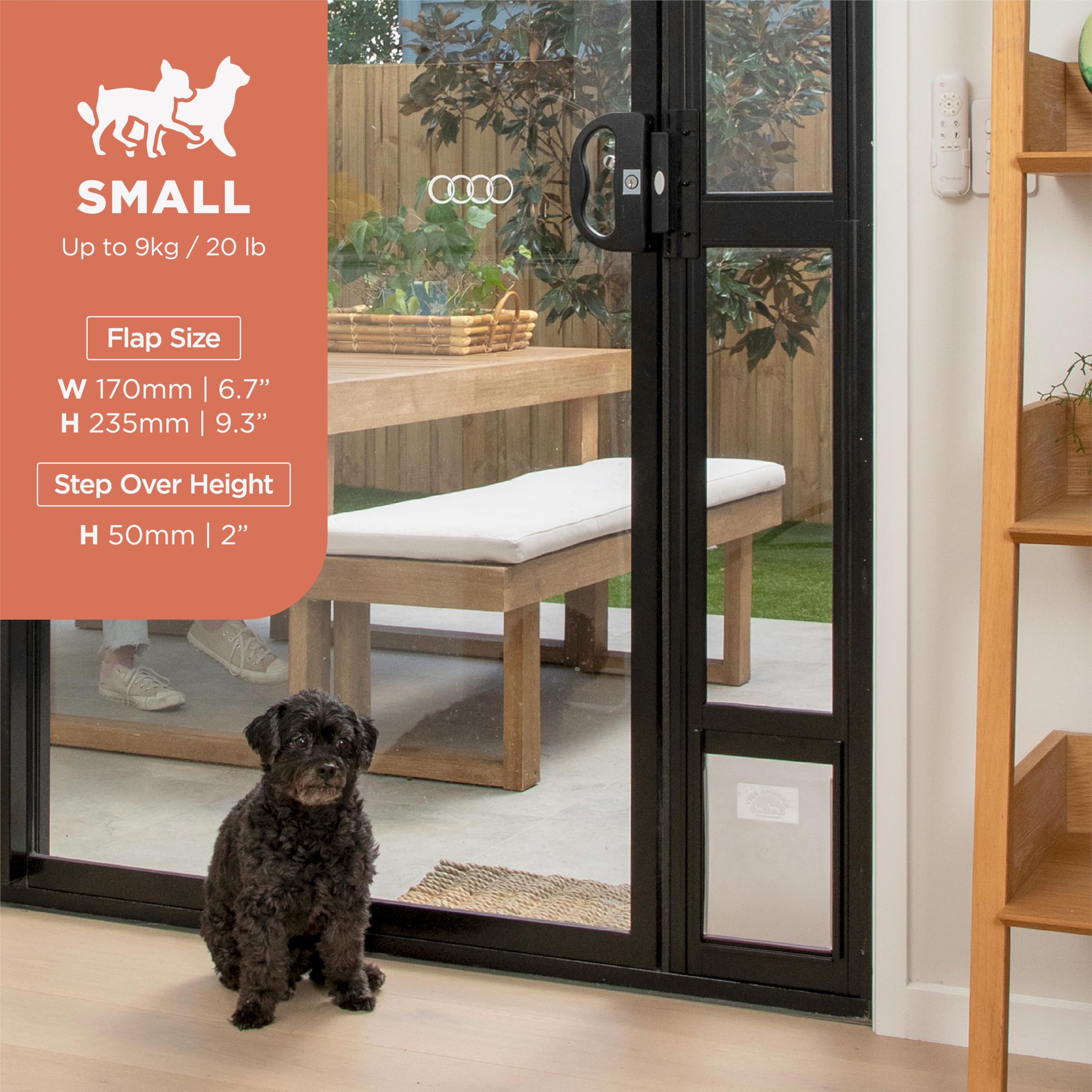 Hakuna Pets black glass patio pet door side view emphasizes slim aluminum frame and durability