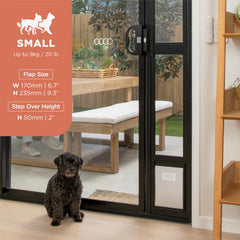 Hakuna Pets black glass patio pet door side view emphasizes slim aluminum frame and durability