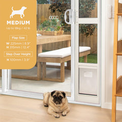 Hakuna Pets white glass panel closeup highlights the locking mechanism and security.