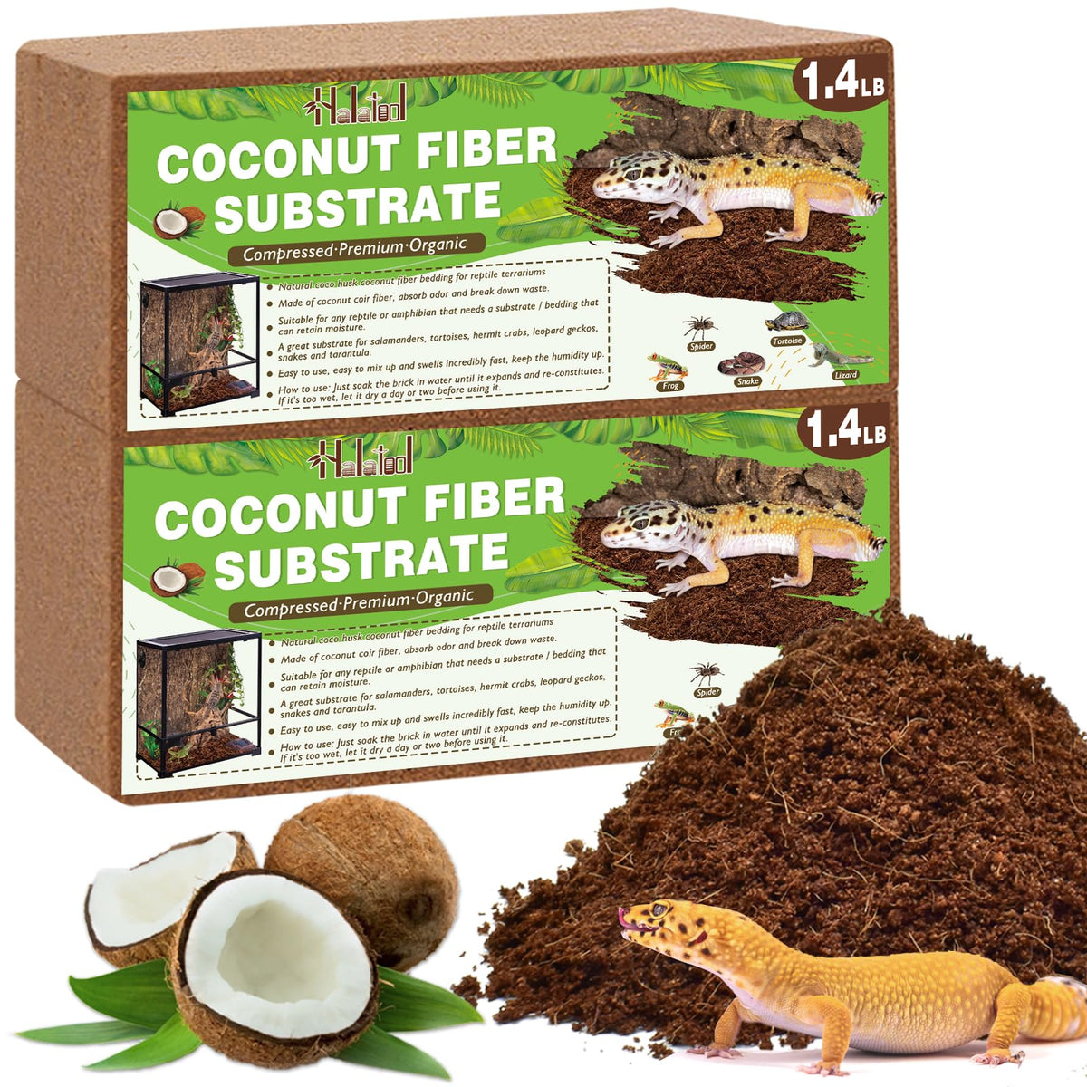 Halatool substrate brick pack expands into leopard gecko bedding for spacious terrariums.