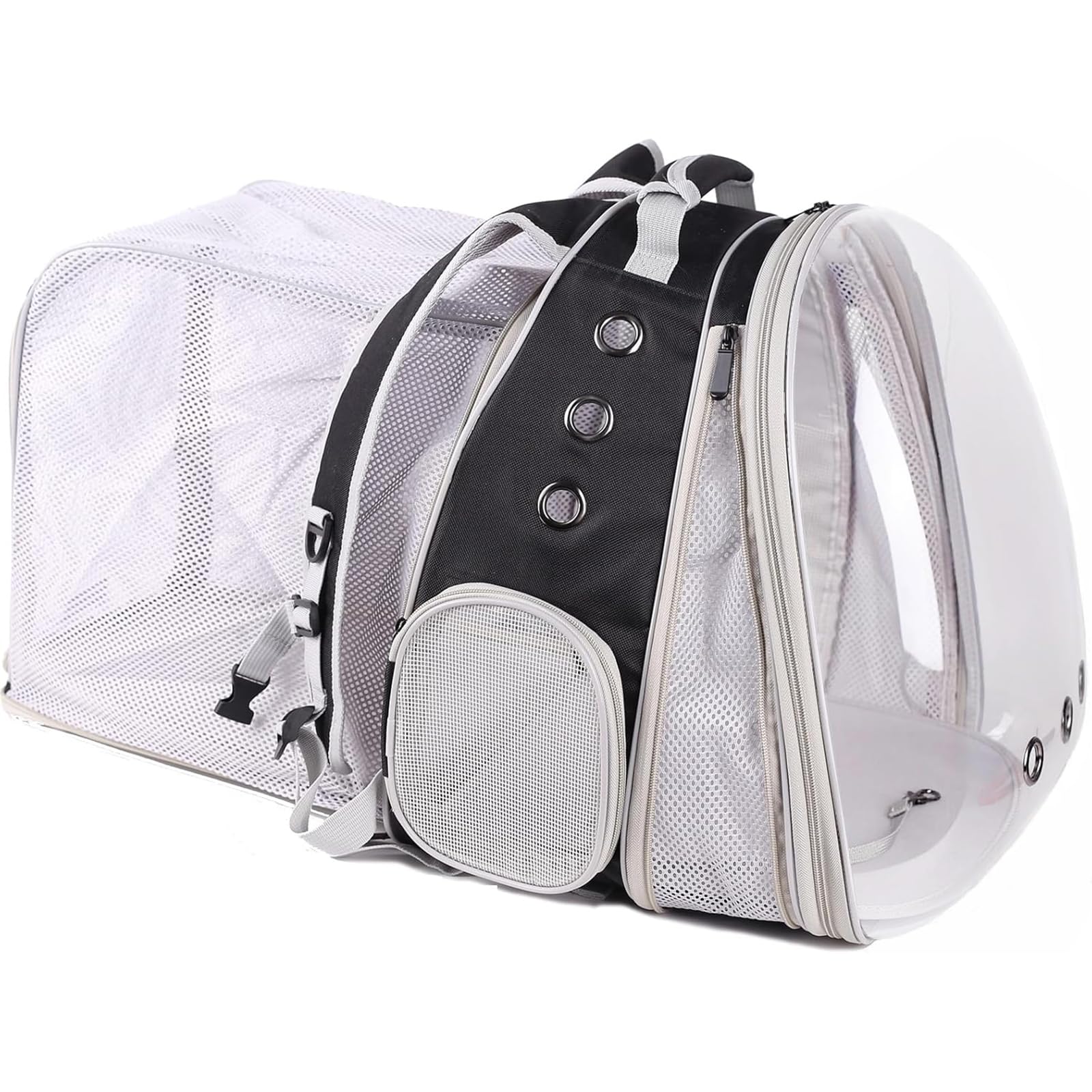 Halinfer dual-extension pet backpack left view demonstrates roomy interior for pets up to 20 lbs.
