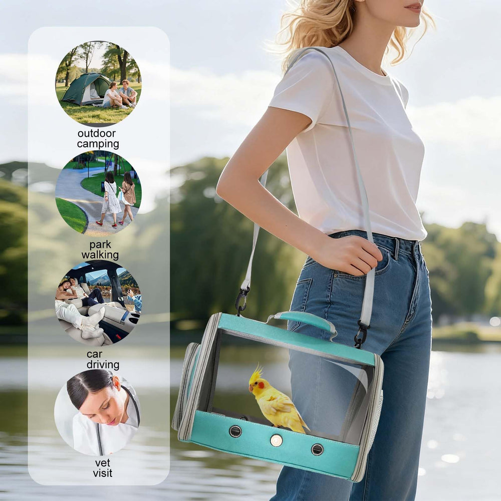 halinfer long-tail travel carrier shoulder strap highlights hands-free transport during vet visits.