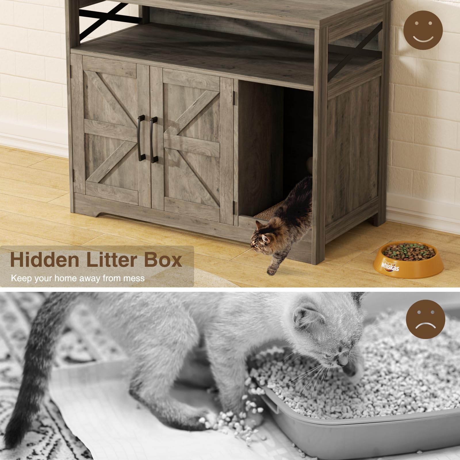 Halitaa cat litter box enclosure double-door image emphasizes privacy and easy cleaning access