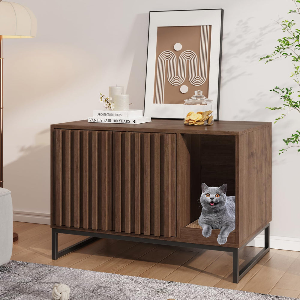 Halitaa cat litter box enclosure front view in walnut, privacy-friendly hideaway