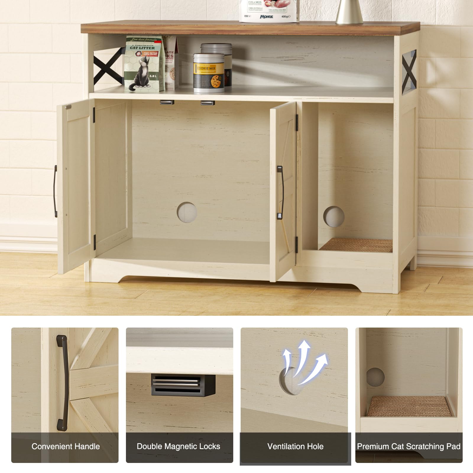 Halitaa cat litter box enclosure built-in scratch pad reduces litter tracking.