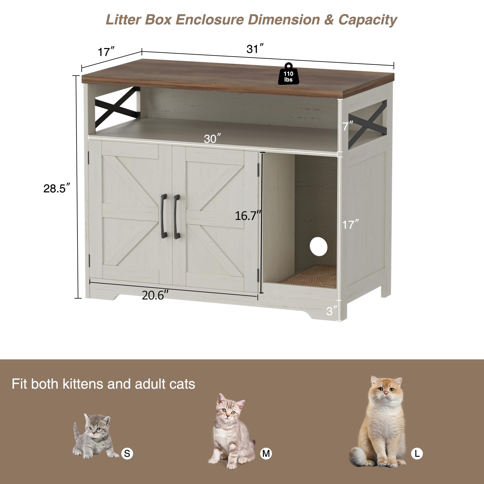 Halitaa cat litter box enclosure side view shows compact farmhouse white end table.