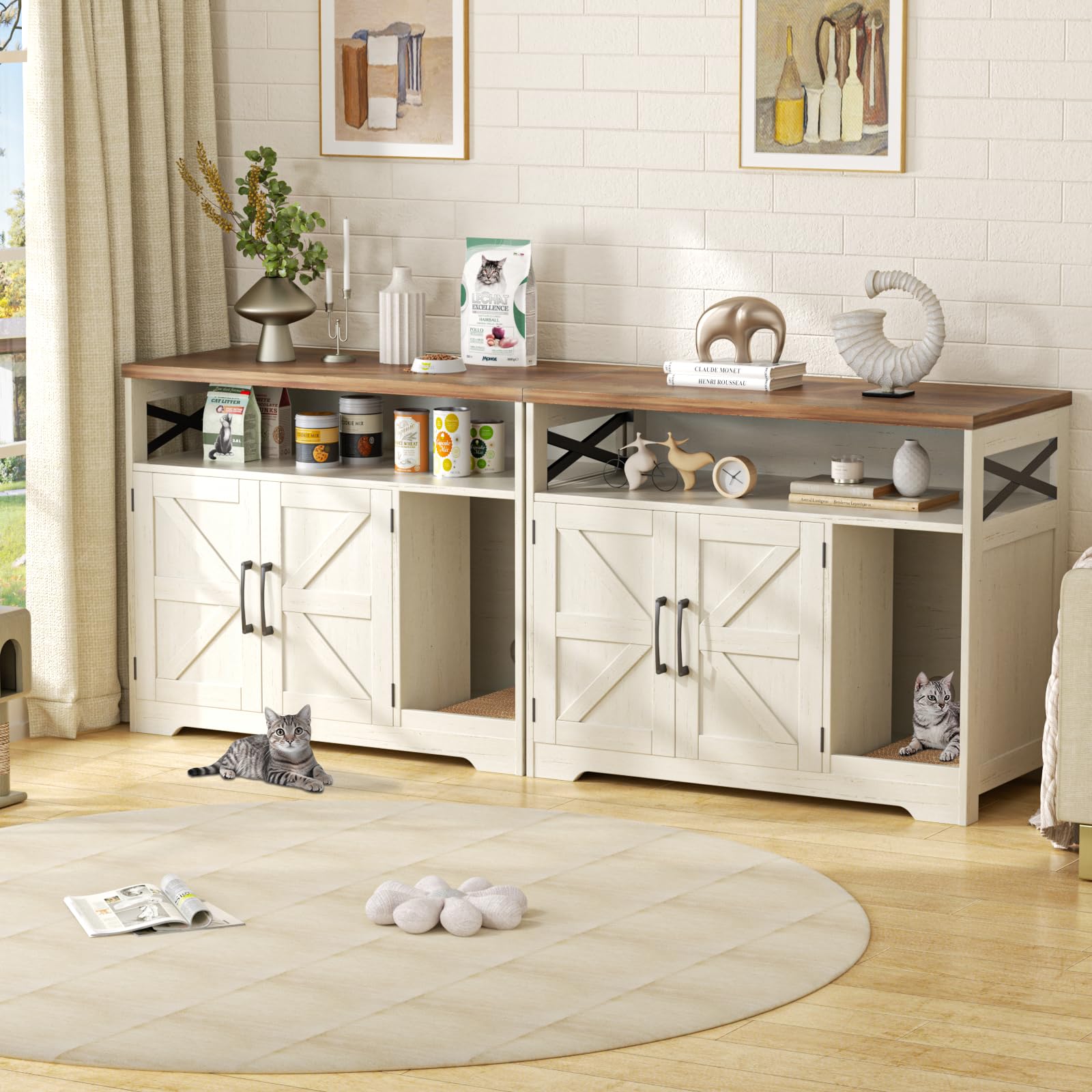 Halitaa cat litter box enclosure top counter and open storage.