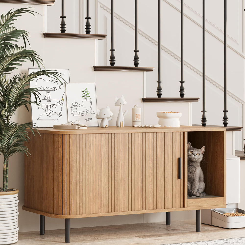 Halitaa cat litter enclosure sliding door demonstrates space saving in living room