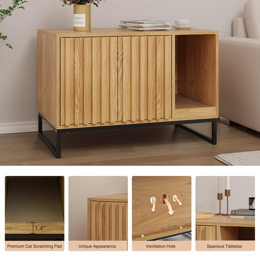 Halitaa end-table detail showing storage and cat washroom features