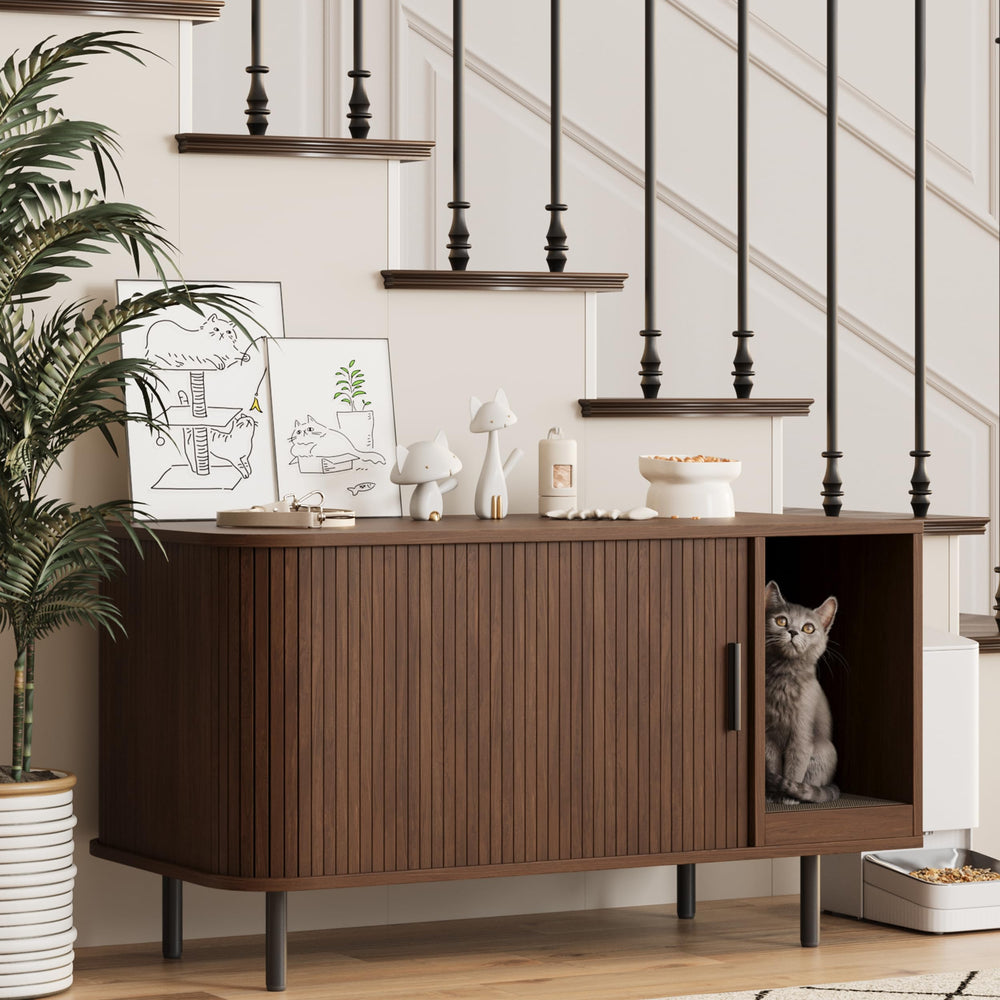 Halitaa litter box enclosure front view with walnut finish.