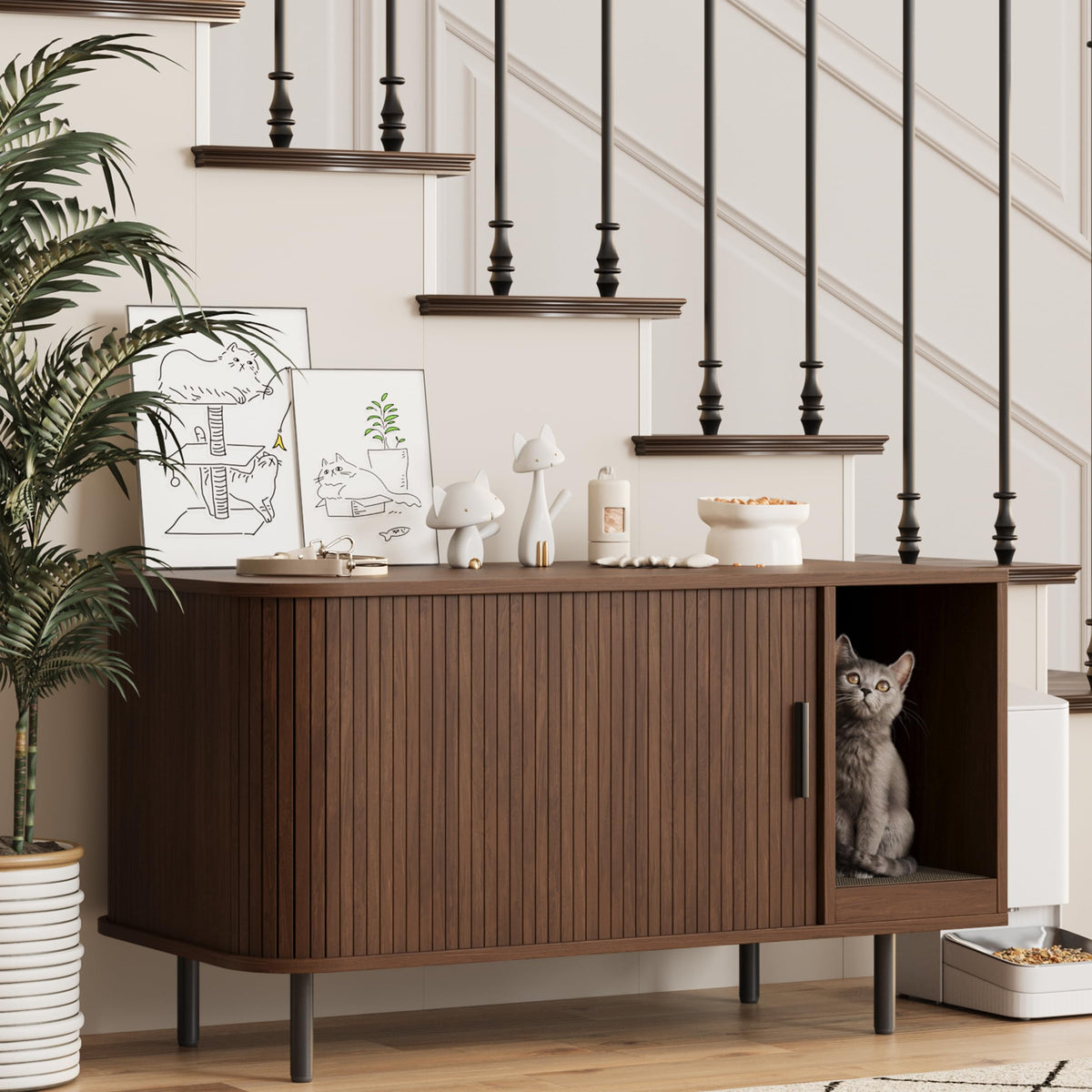 Halitaa litter box enclosure front view with walnut finish.