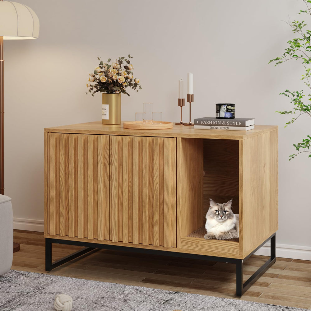 Halitaa litter box enclosure front view with modern wood finish for a neat living space