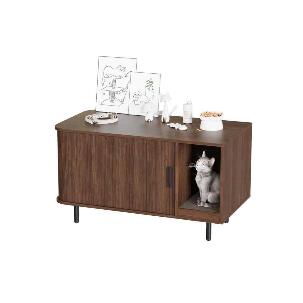 Halitaa litter box enclosure used as TV stand in living room.