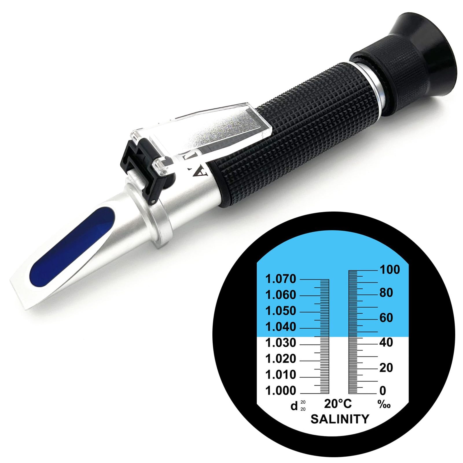 Hallocool salinity refractometer front view highlights portable, reliable instrument for saltwater testing.