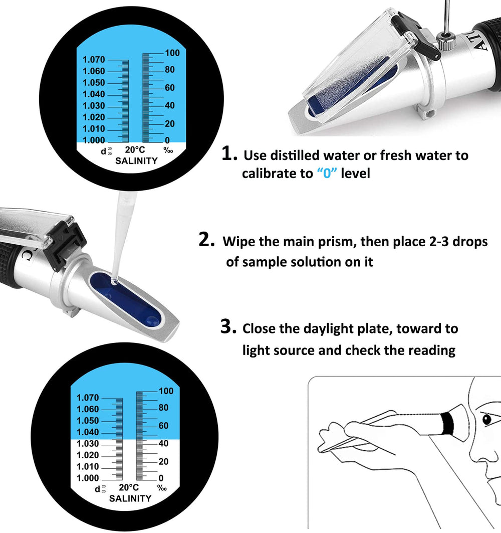 Hallocool salinity refractometer reading setup demonstrates dual-scale measurement capability.