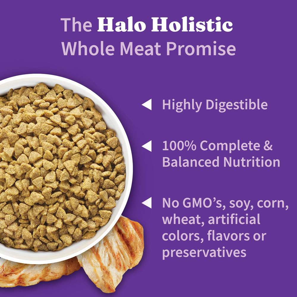 Halo Cage-free label closeup communicates humane sourcing and antibiotic-free chicken ingredients.
