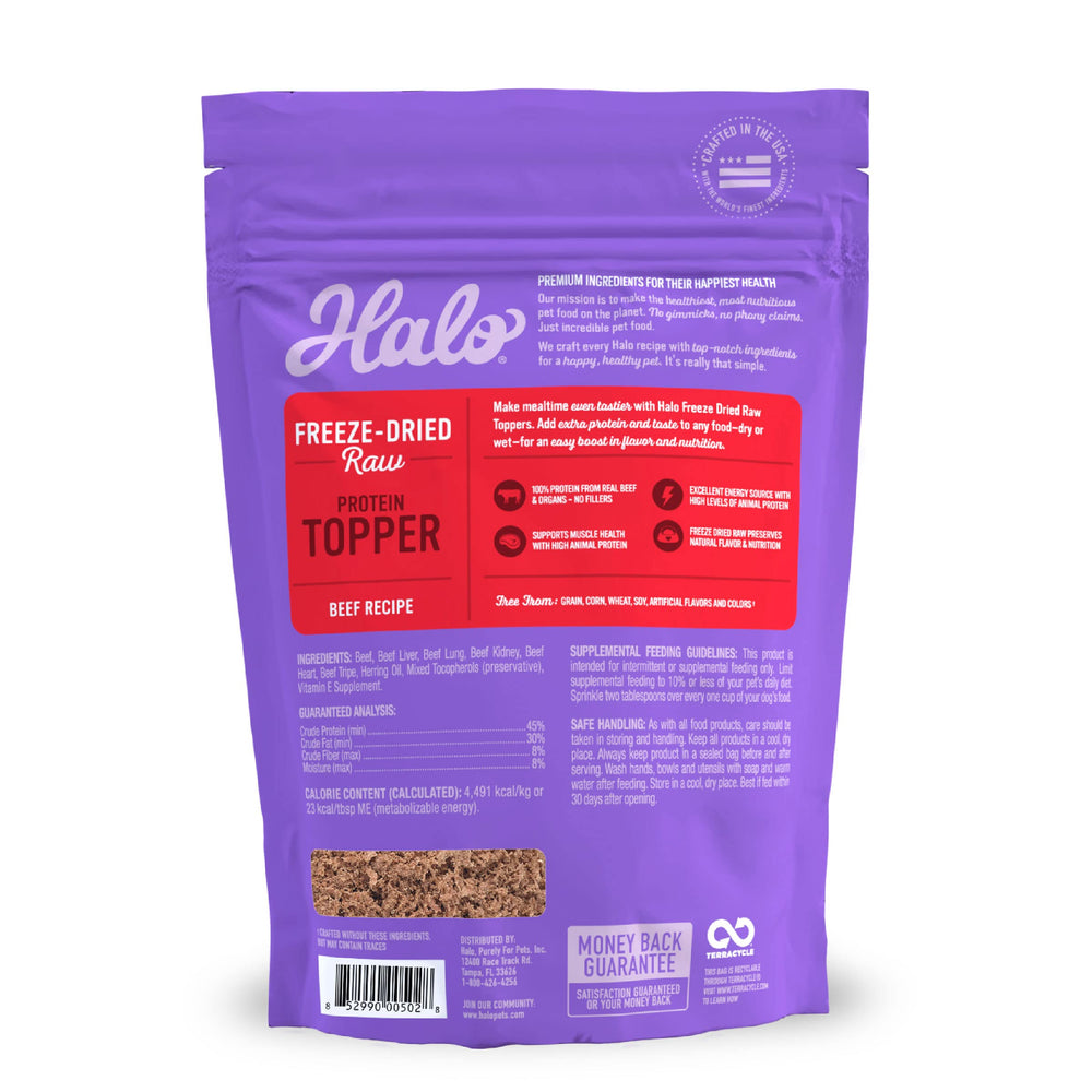 Halo Freeze Dried Raw Topper serving bowl image emphasizes flavorful texture for picky eaters.