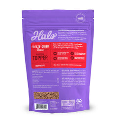 Halo Freeze Dried Raw Topper serving bowl image emphasizes flavorful texture for picky eaters.