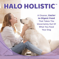 Halo Healthy Grains ingredients image featuring real chicken and vegetables highlights wholesome nutrition.