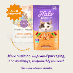 Halo Holistic Chicken Recipe bag back highlights grain-free, non-GMO ingredients.