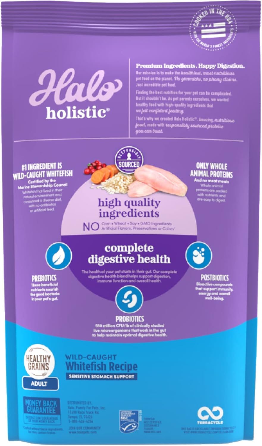 Halo Holistic ingredient label highlights whitefish first ingredient for high-quality protein