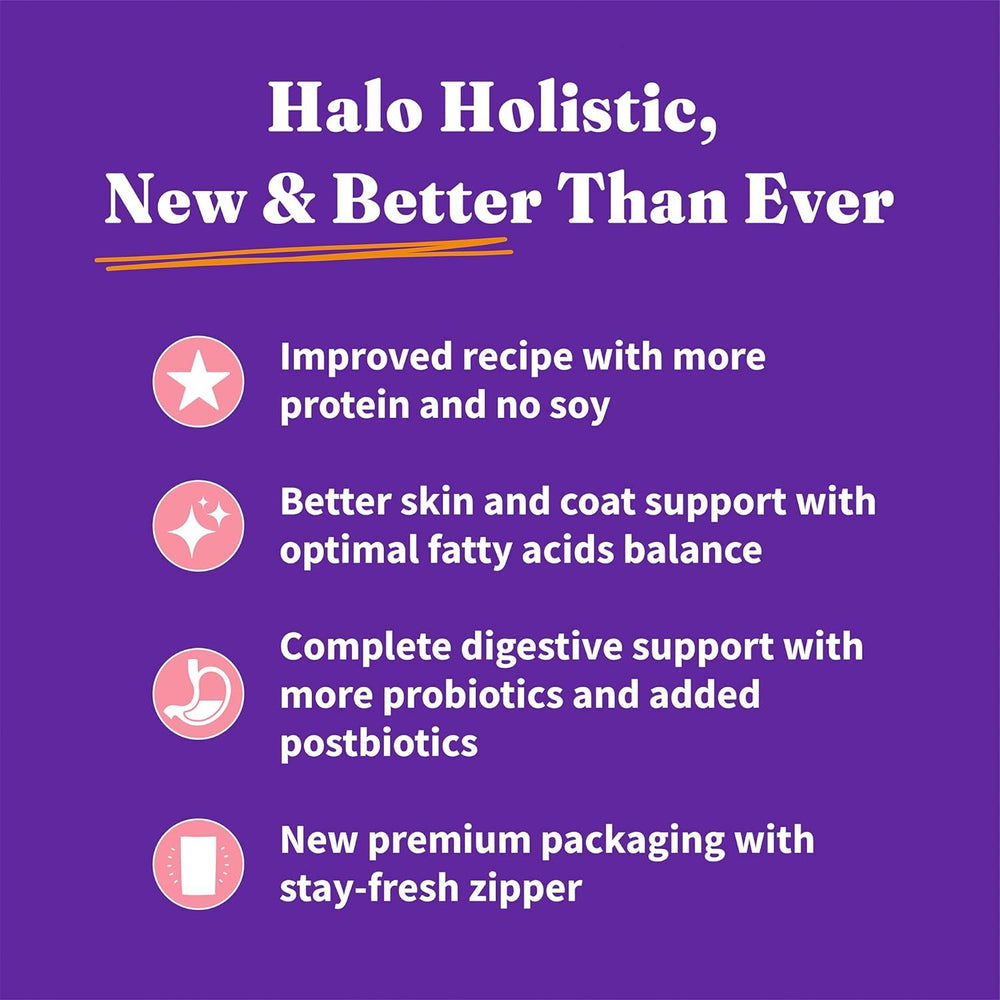 Halo Holistic kitten food no-meat-meals emphasizes real protein sources