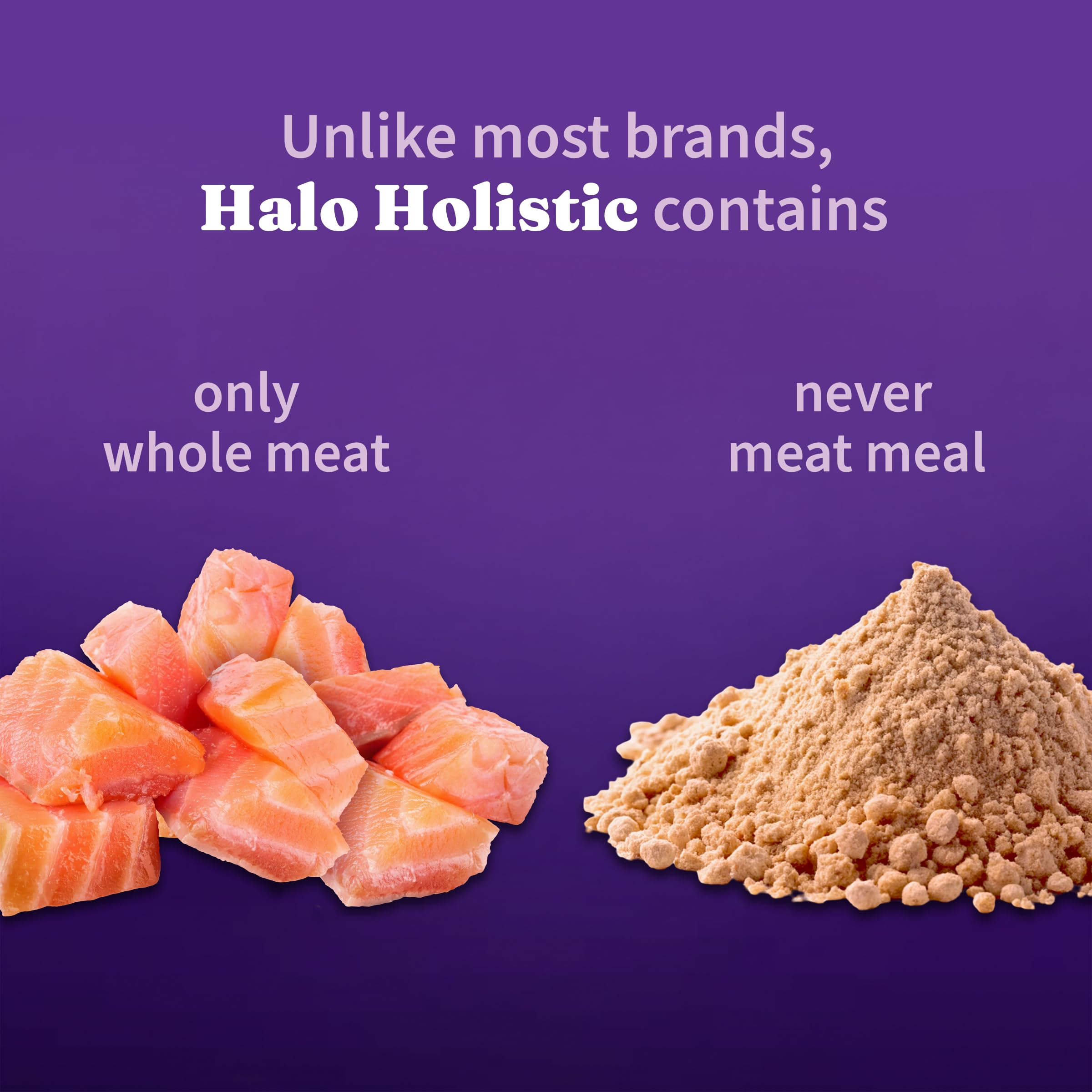 Halo Holistic salmon-whitefish kibble highlights omega fatty acids for healthy skin and coat.