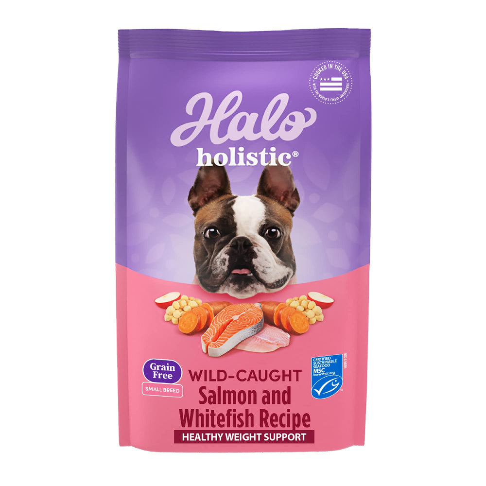 Halo Holistic small-breed kibble with real salmon first ingredient for digestion.