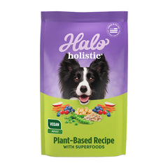 Halo Holistic Vegan dog food bag highlighting plant-based nutrition for digestive health.