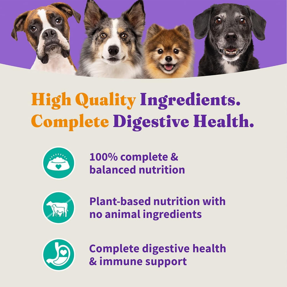Halo Holistic Vegan Dog Food icons highlighting digestive health benefits.