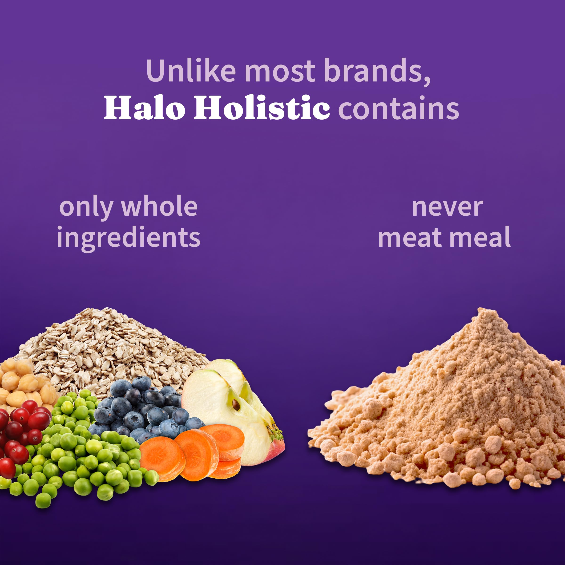 Halo Holistic Vegan Dog Food ingredients label showing non-GMO and no corn.