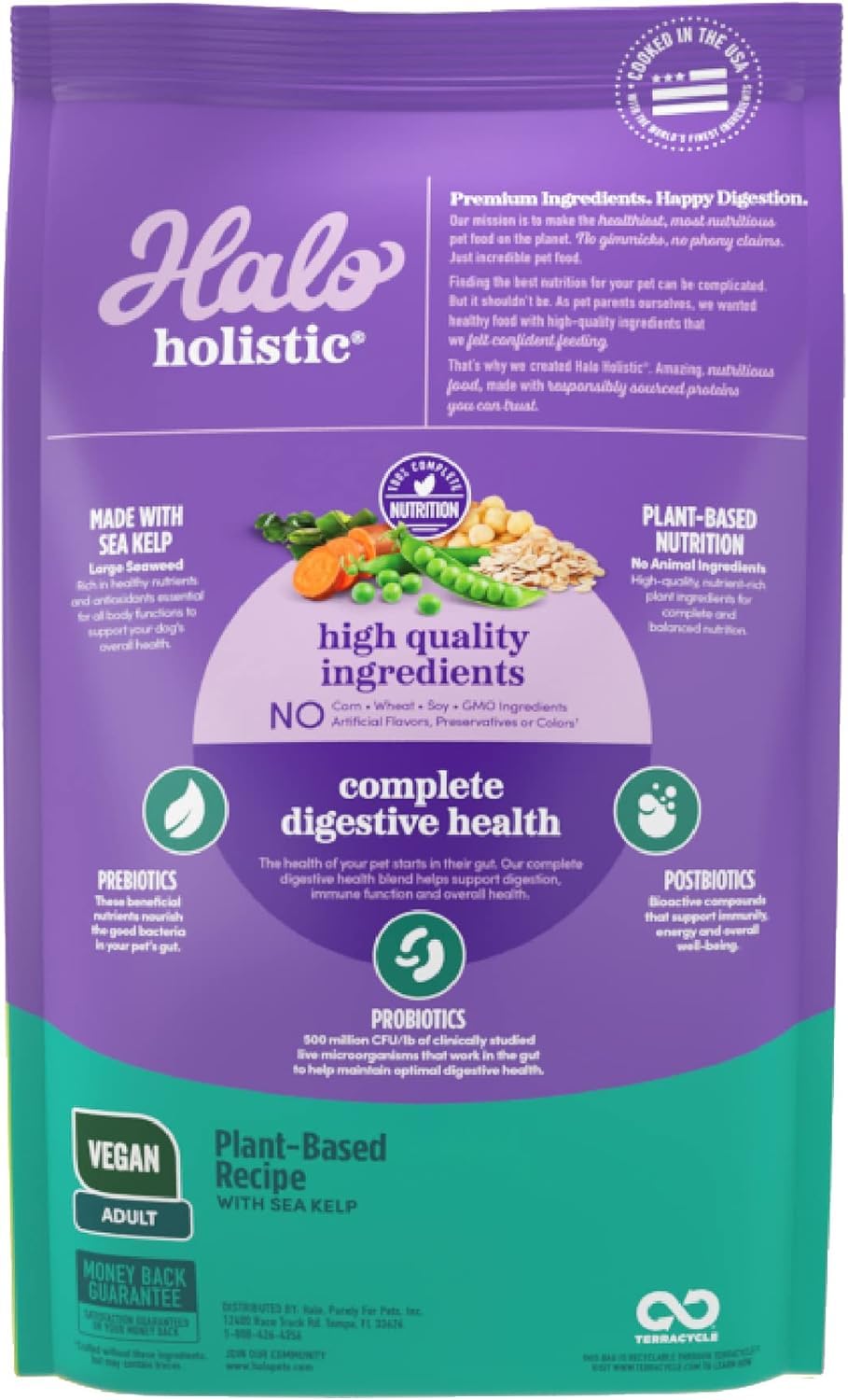 Halo Holistic Vegan Dog Food kibble close-up showing plant-based formula for dogs.