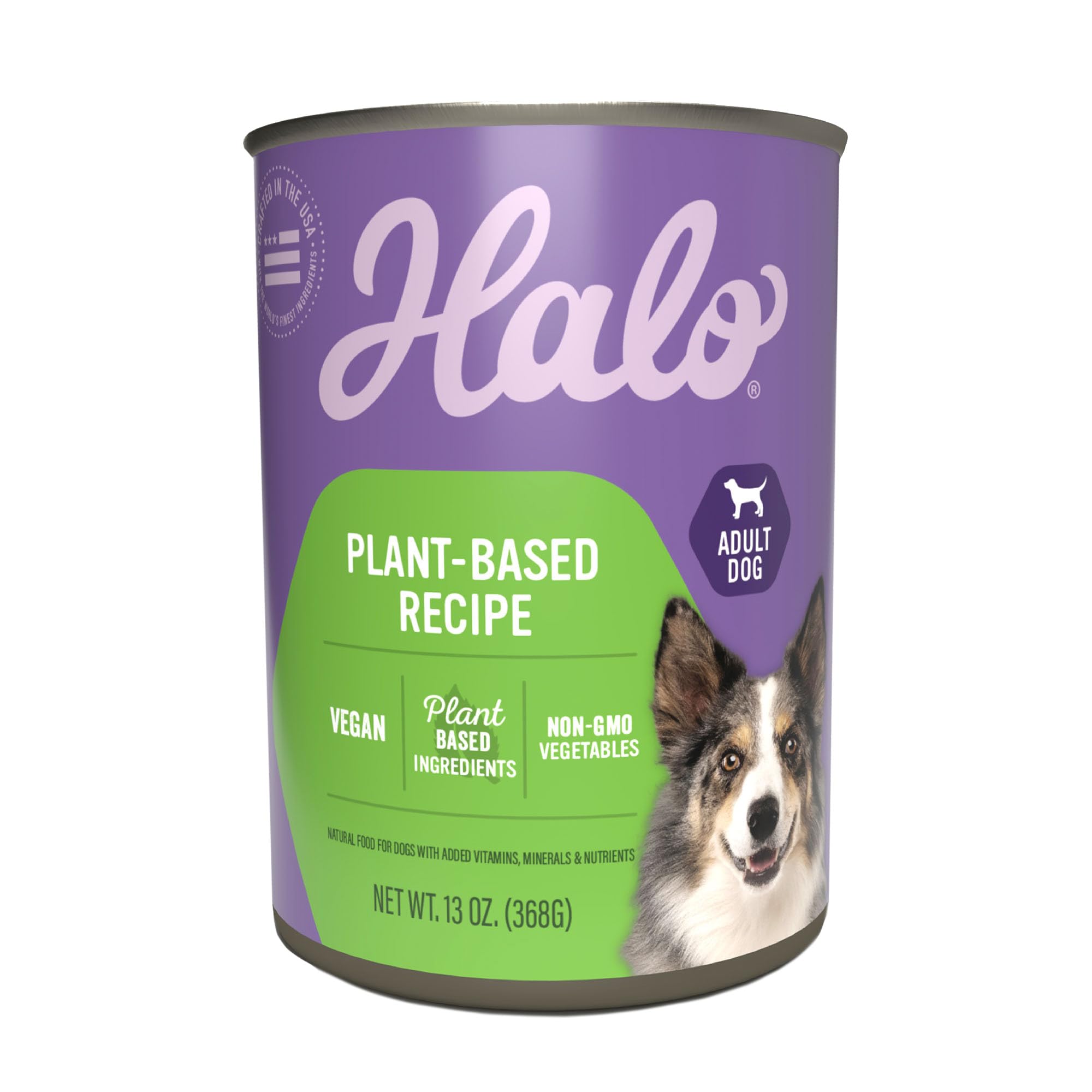 Halo Holistic Vegan Wet Dog Food can top view highlighting plant-based protein option.
