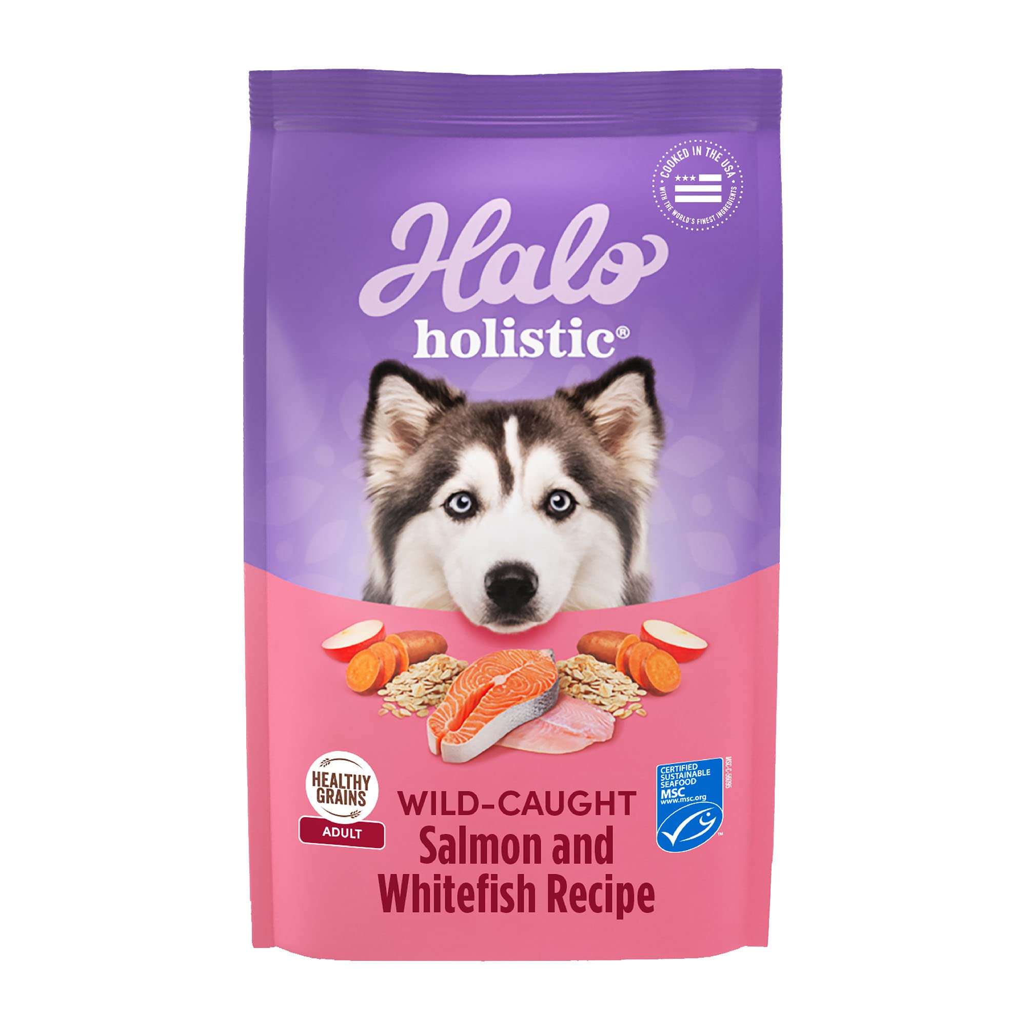 Halo Holistic wild-caught salmon and whitefish dry dog food bag showcases first-ingredient real fish for digestive health.