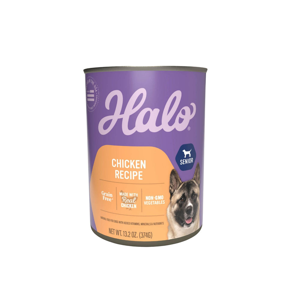 Halo Senior wet dog food bowl shows real chicken as first ingredient for a tasty meal