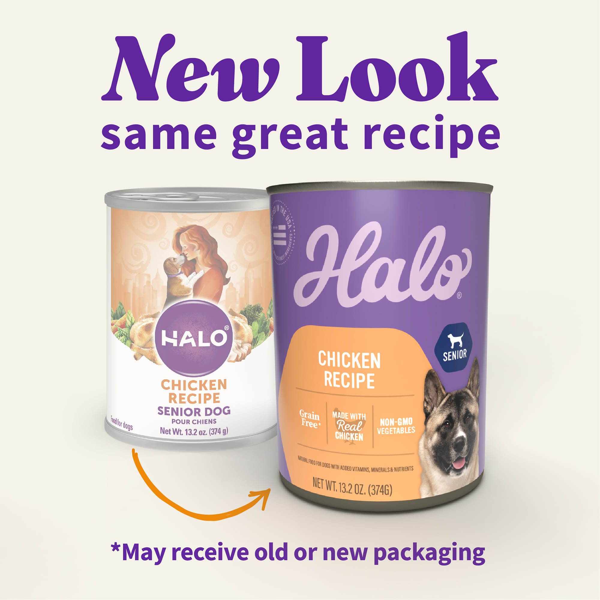 Halo senior wet food close-up with glucosamine and chondroitin for joint support